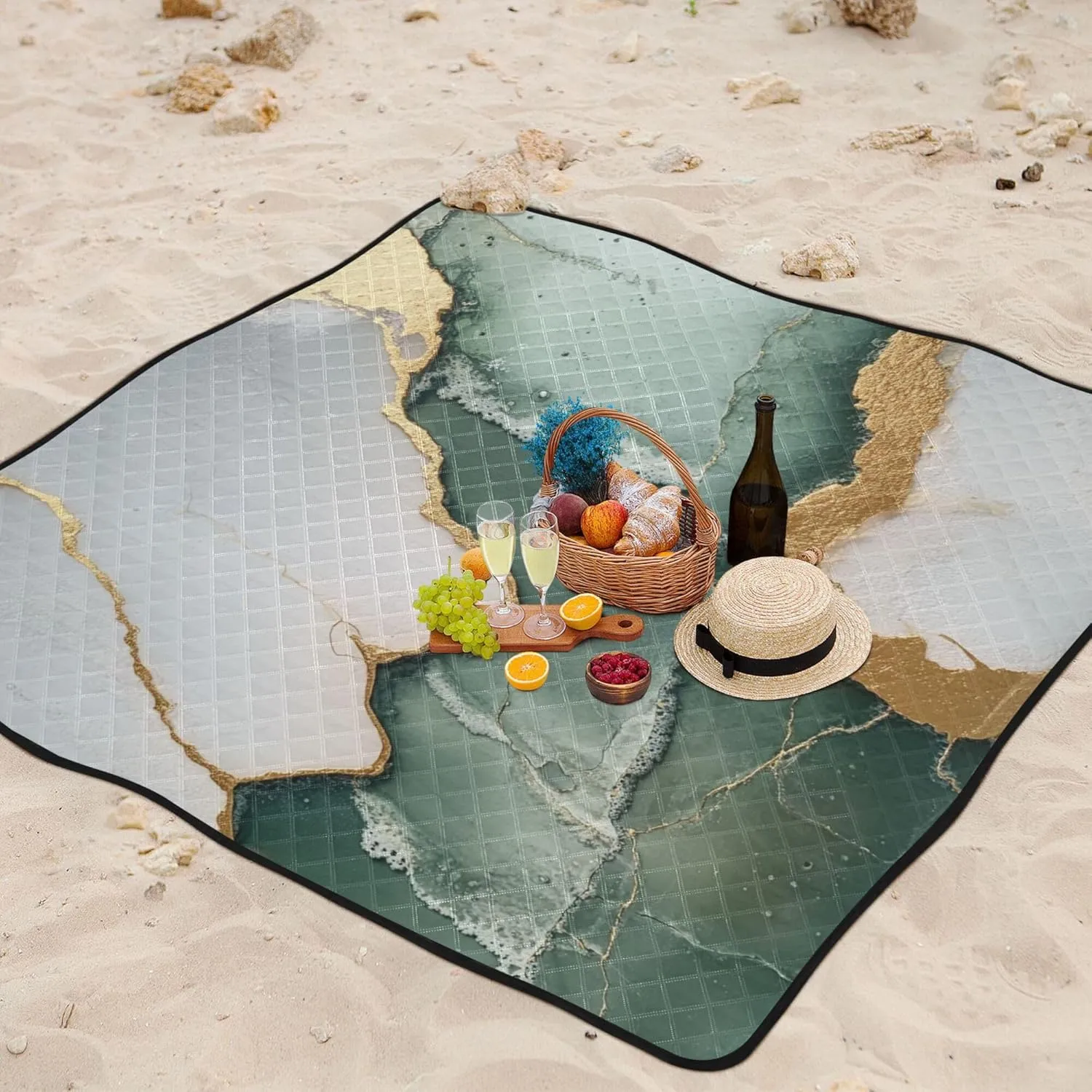 Marble Sage Green White Waterproof Camping Blanket Large Beach Picnic Accessories Outdoor for Grass Summer Gift Manta de Tela para Picnic