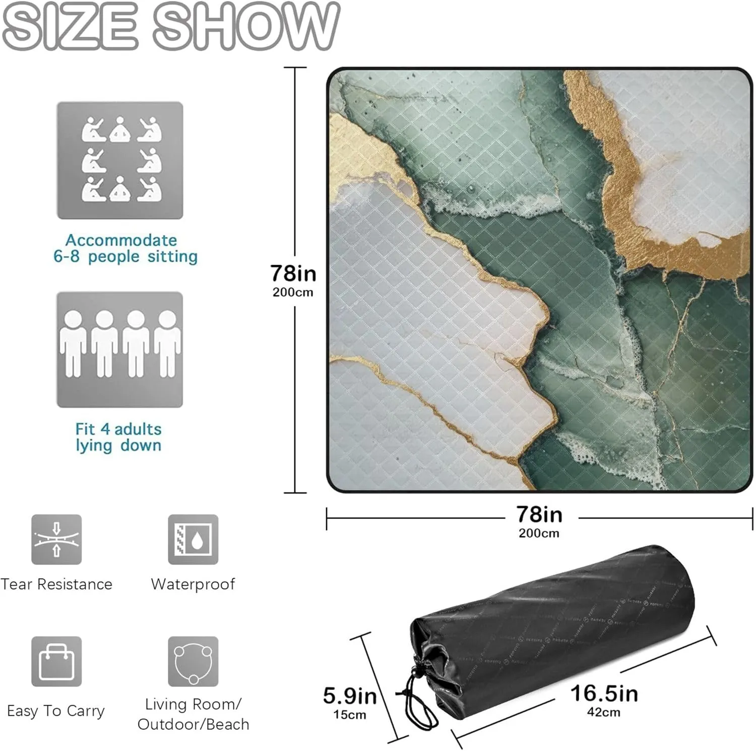 Marble Sage Green White Waterproof Camping Blanket Large Beach Picnic Accessories Outdoor for Grass Summer Gift Manta de Tela para Picnic