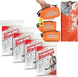 Mart Cobra Emergency Blanket 4-Pack & Sleeping Bag x3 & Life Bivy Sack Survival Gear & Camping Supplies Thermal Reusable Mylar Emergency Supplies Car Bug Out Bag