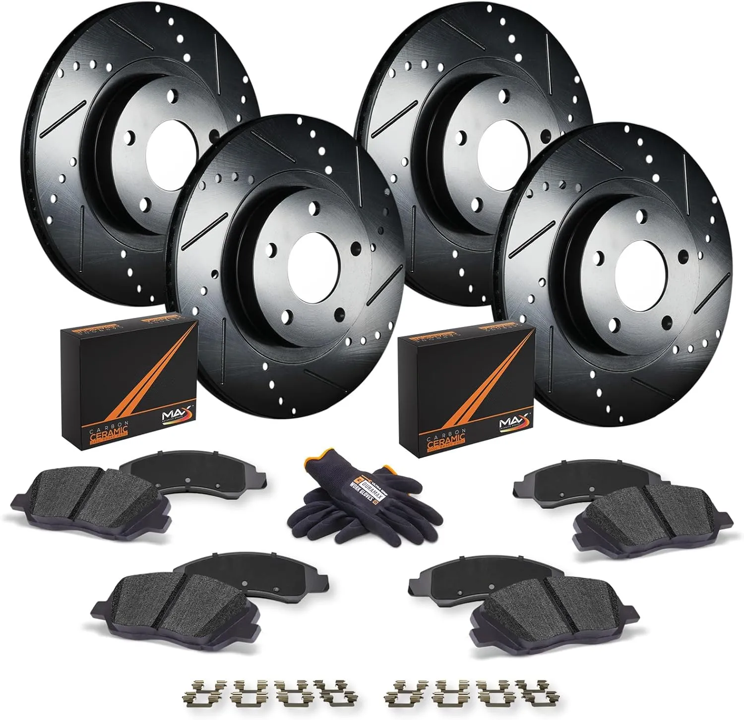 Max Advanced Brakes Front & Rear Brake Kit Compatible With 2018 2019 2020 2021 2022 2023 Mitsubishi Outlander PHEV Replacement Drilled Slotted Black Coated Disc Brake Rotors and Ceramic Brake Pads