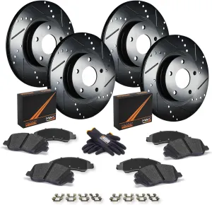 Max Advanced Brakes Front & Rear Brake Kit Compatible With 2018 2019 2020 2021 2022 2023 Mitsubishi Outlander PHEV Replacement Drilled Slotted Black Coated Disc Brake Rotors and Ceramic Brake Pads