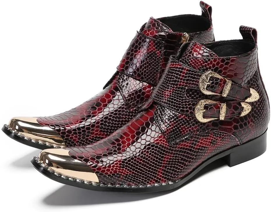 Men Ankle Boots Handmade Genuine Leather Double Monk Straps Dress Boot Metal Pointed Toe with Side Zipper Chelsea Boots