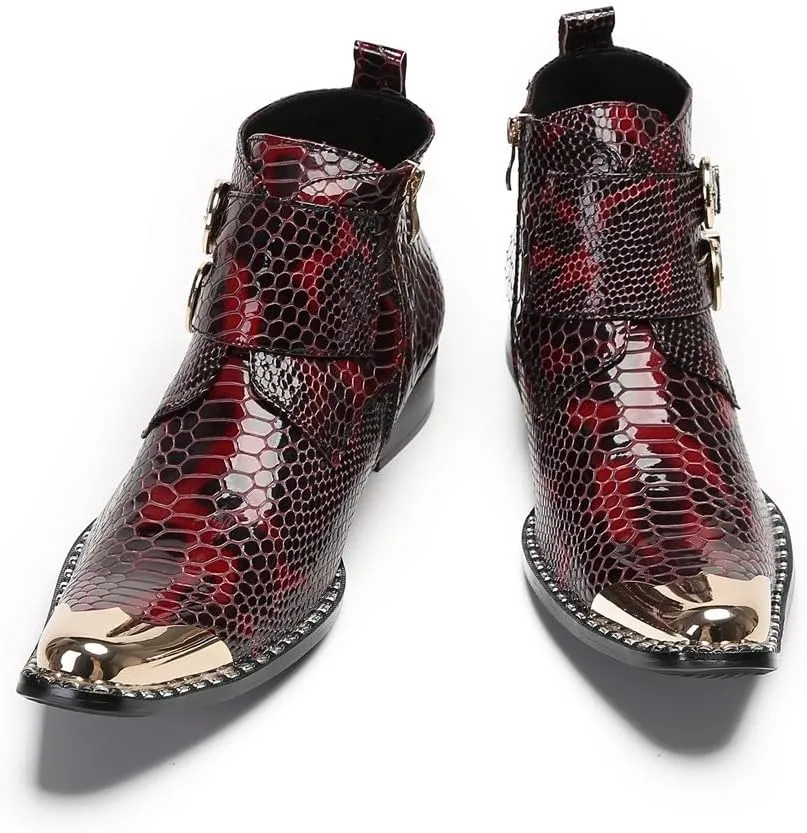 Men Ankle Boots Handmade Genuine Leather Double Monk Straps Dress Boot Metal Pointed Toe with Side Zipper Chelsea Boots