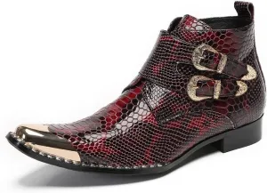 Men Ankle Boots Handmade Genuine Leather Double Monk Straps Dress Boot Metal Pointed Toe with Side Zipper Chelsea Boots