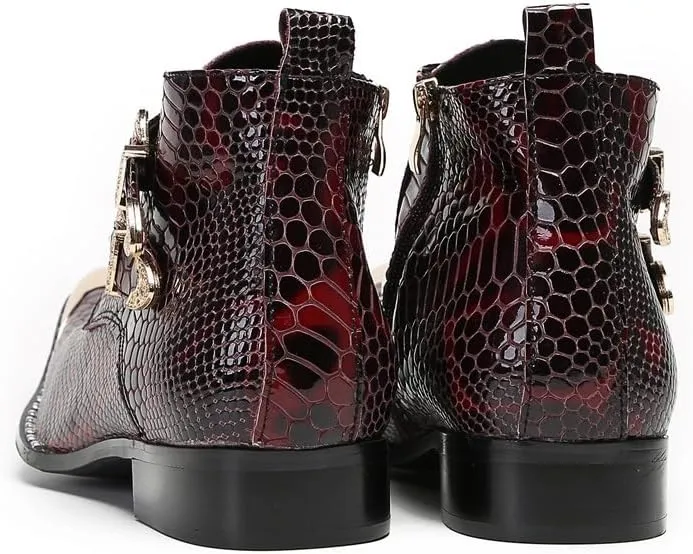 Men Ankle Boots Handmade Genuine Leather Double Monk Straps Dress Boot Metal Pointed Toe with Side Zipper Chelsea Boots