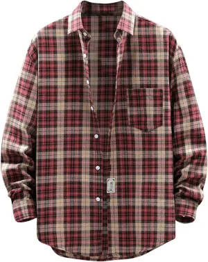Men's Cotton Plaid Shirts Jacket Fleece Lightweight Breathable Long Sleeve Lapel Formal Shirt Plaid Flannel Shirts