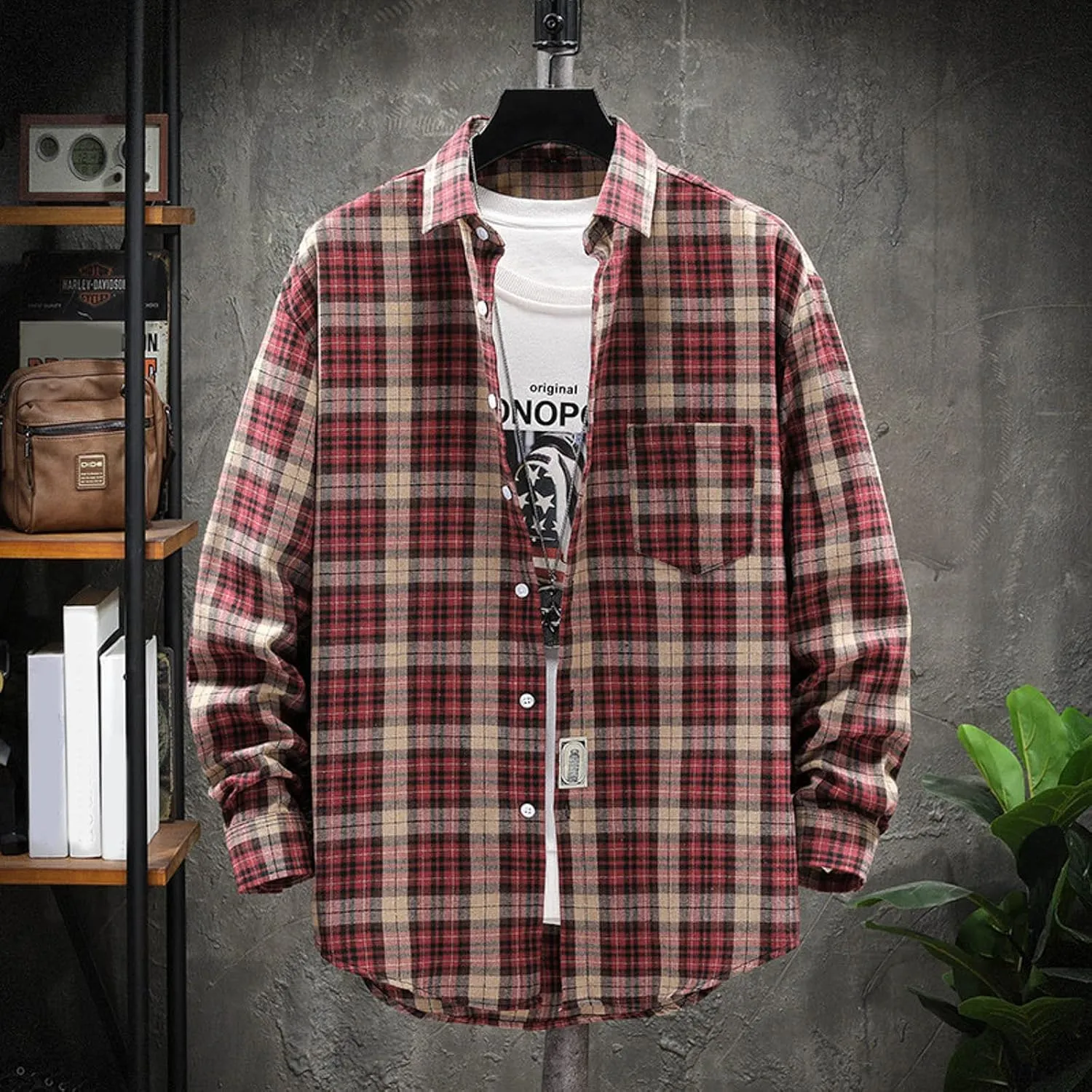 Men's Cotton Plaid Shirts Jacket Fleece Lightweight Breathable Long Sleeve Lapel Formal Shirt Plaid Flannel Shirts