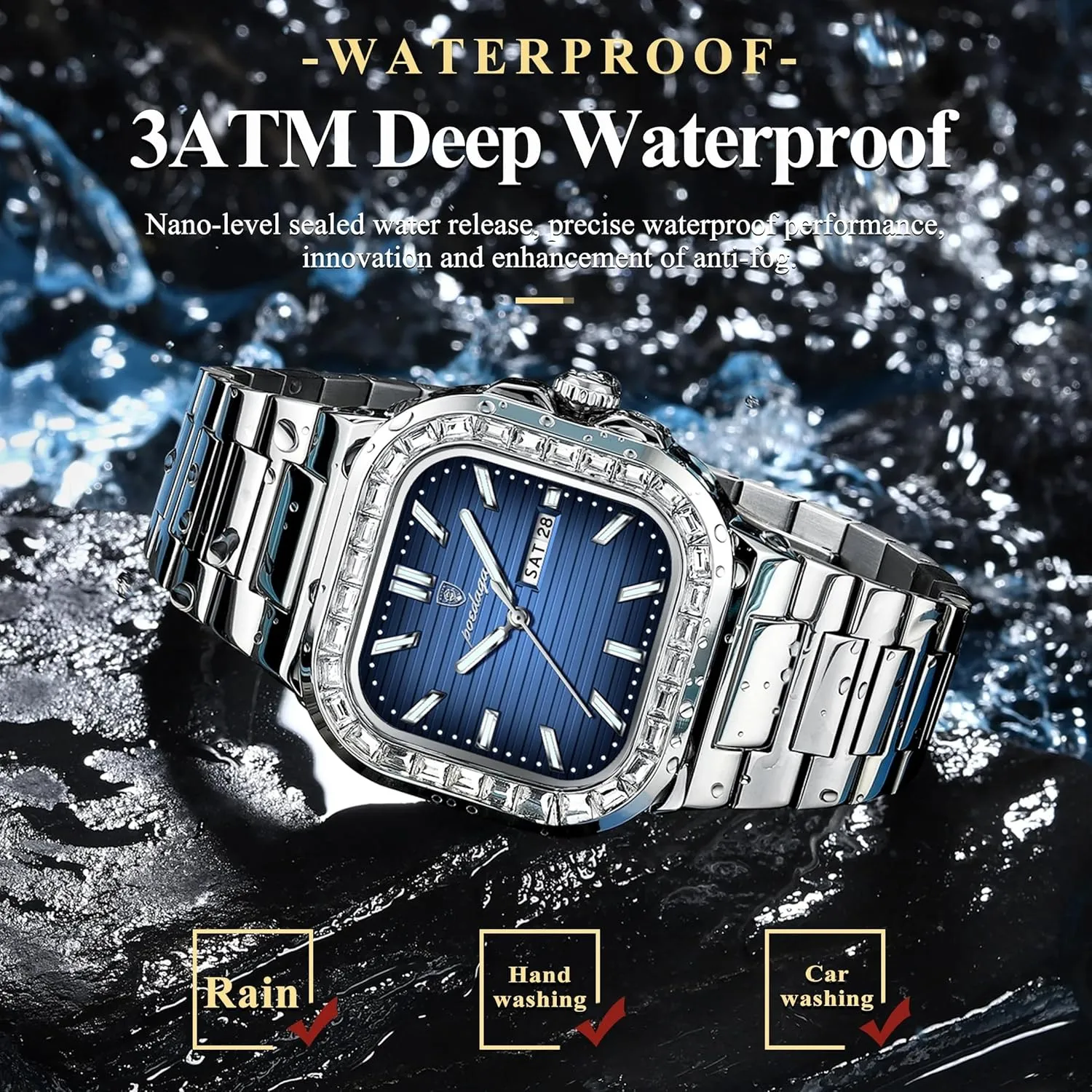 Men's Luxury Square Watch Waterproof Luminous Date Week Man Watch Stainless Steel Casual Fashion Quartz Men's Watches