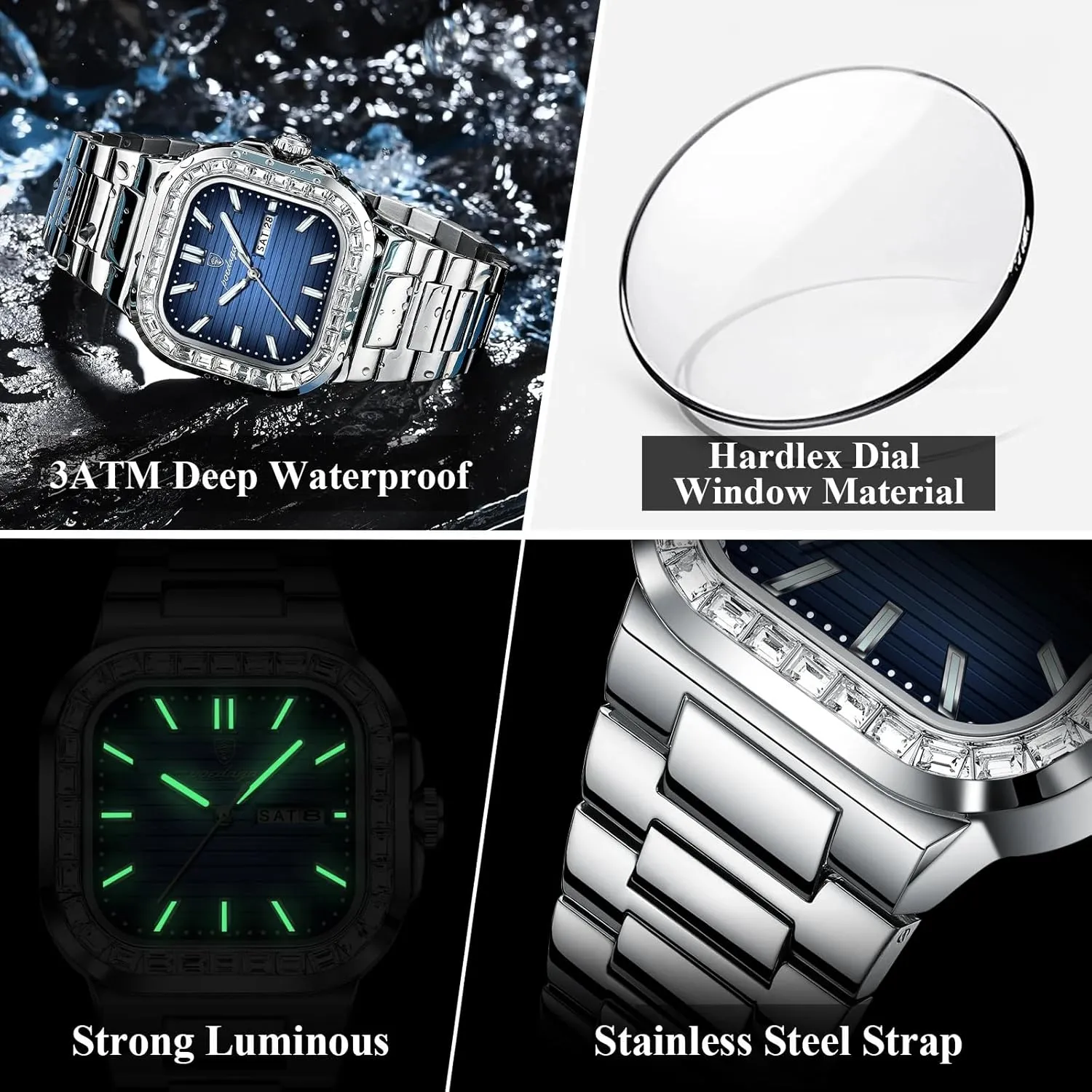 Men's Luxury Square Watch Waterproof Luminous Date Week Man Watch Stainless Steel Casual Fashion Quartz Men's Watches