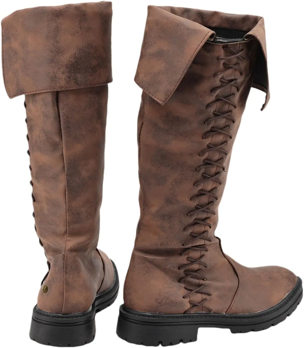 Mens Medieval Boots Renaissance Viking Lace-up Long Boot for Halloween Party