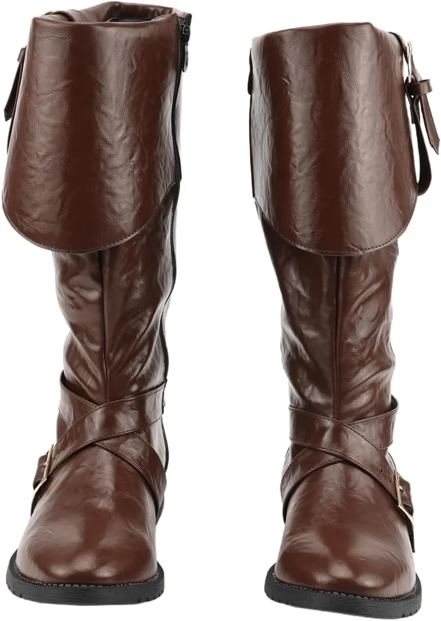 Mens Renaissance Pirate Viking Boots Steampunk Vintage Stage Button Boot for Halloween