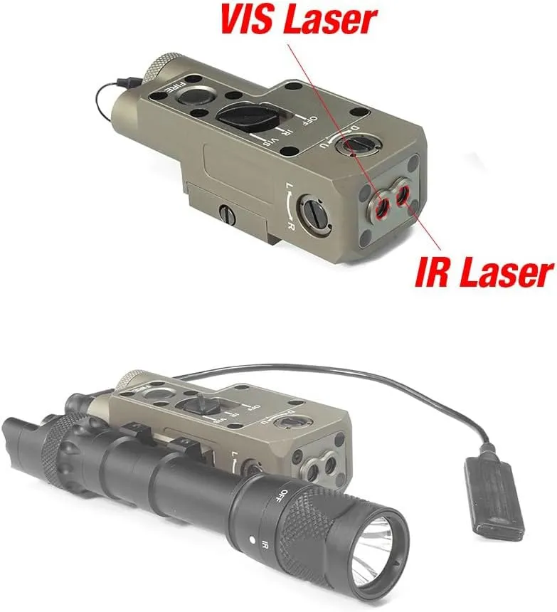 Metal CBQL-1 Box Laser Sights Flashlight，with IR   Red/Green/Blue Laser Sight，with Remote Pressure Switch & M300/M600 Series Flashlight Base Mount Combo，Fits for Standard 20mm Rail Mounting，Tan