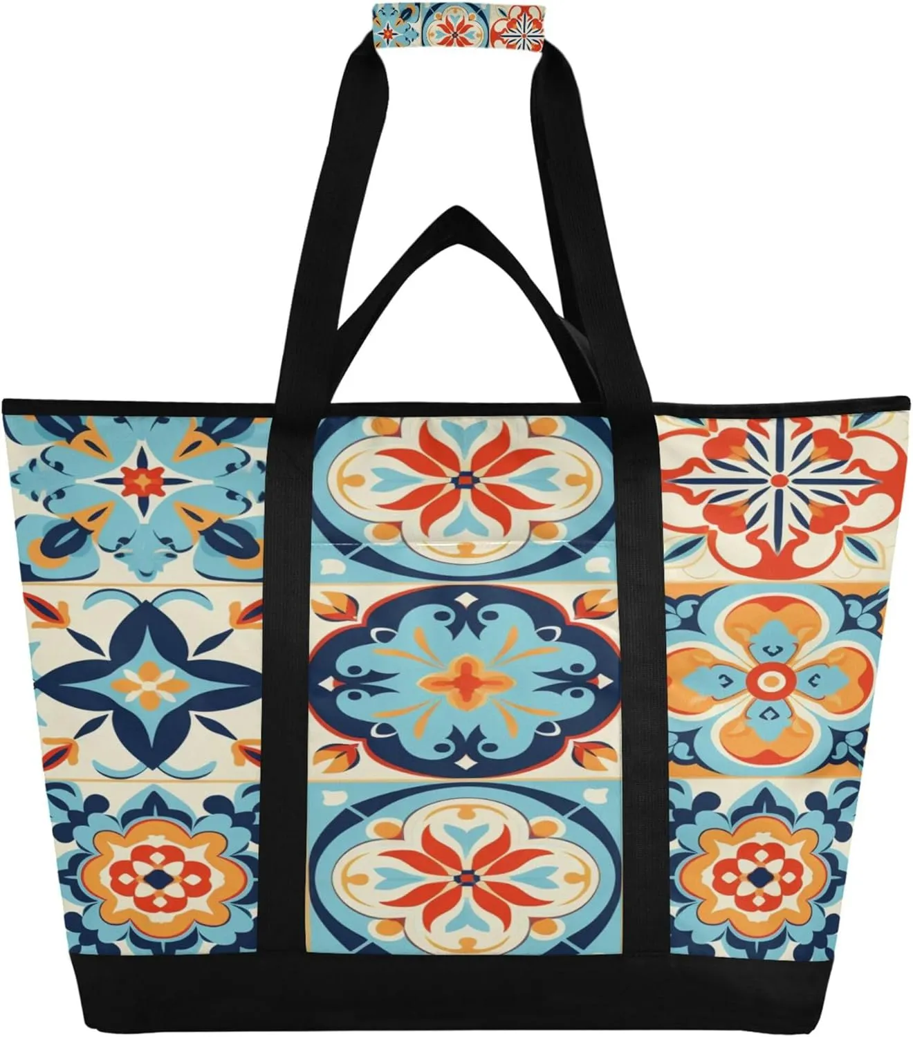 Mexican Talavera Reusable Insulated Cooler Bag with Ice Pack Compartment - Large 47L Waterproof Thermal Grocery Tote for Picnic Beach Camping Lunch Storage