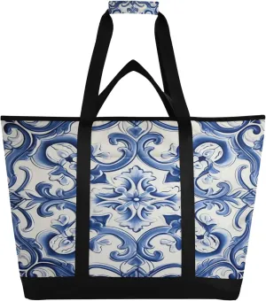 Mexican Talavera Reusable Insulated Cooler Bag with Ice Pack Compartment - Large 47L Waterproof Thermal Grocery Tote for Picnic Beach Camping Lunch Storage