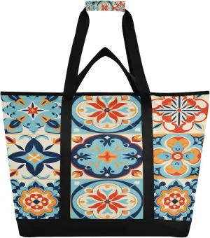 Mexican Talavera Reusable Insulated Cooler Bag with Ice Pack Compartment - Large 47L Waterproof Thermal Grocery Tote for Picnic Beach Camping Lunch Storage