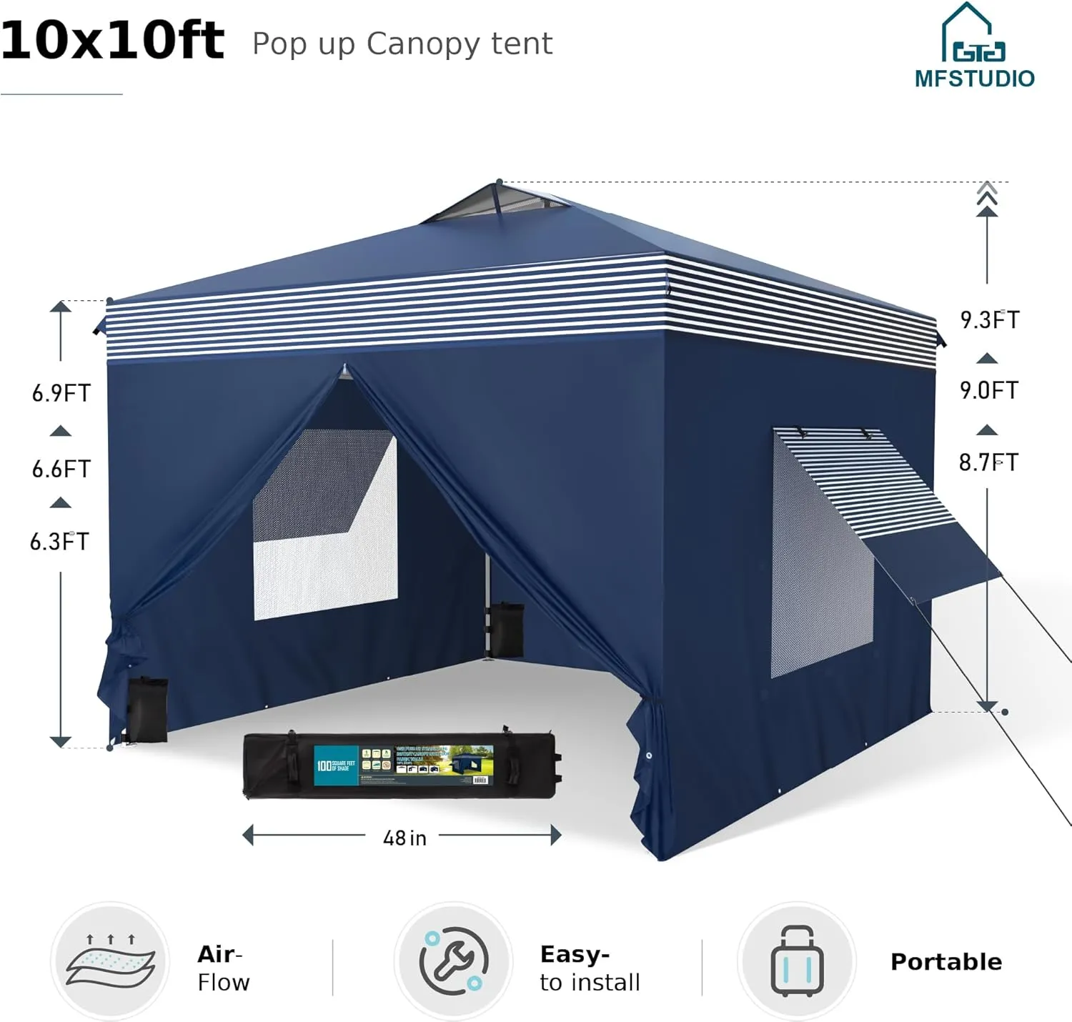 MFSTUDIO 10x10 Pop Up Canopy Tent with Removable Sidewalls, Outdoor Enclosed Instant Portable Shelter with Breathable Mesh Windows, One Person Setup, Blue Stripe