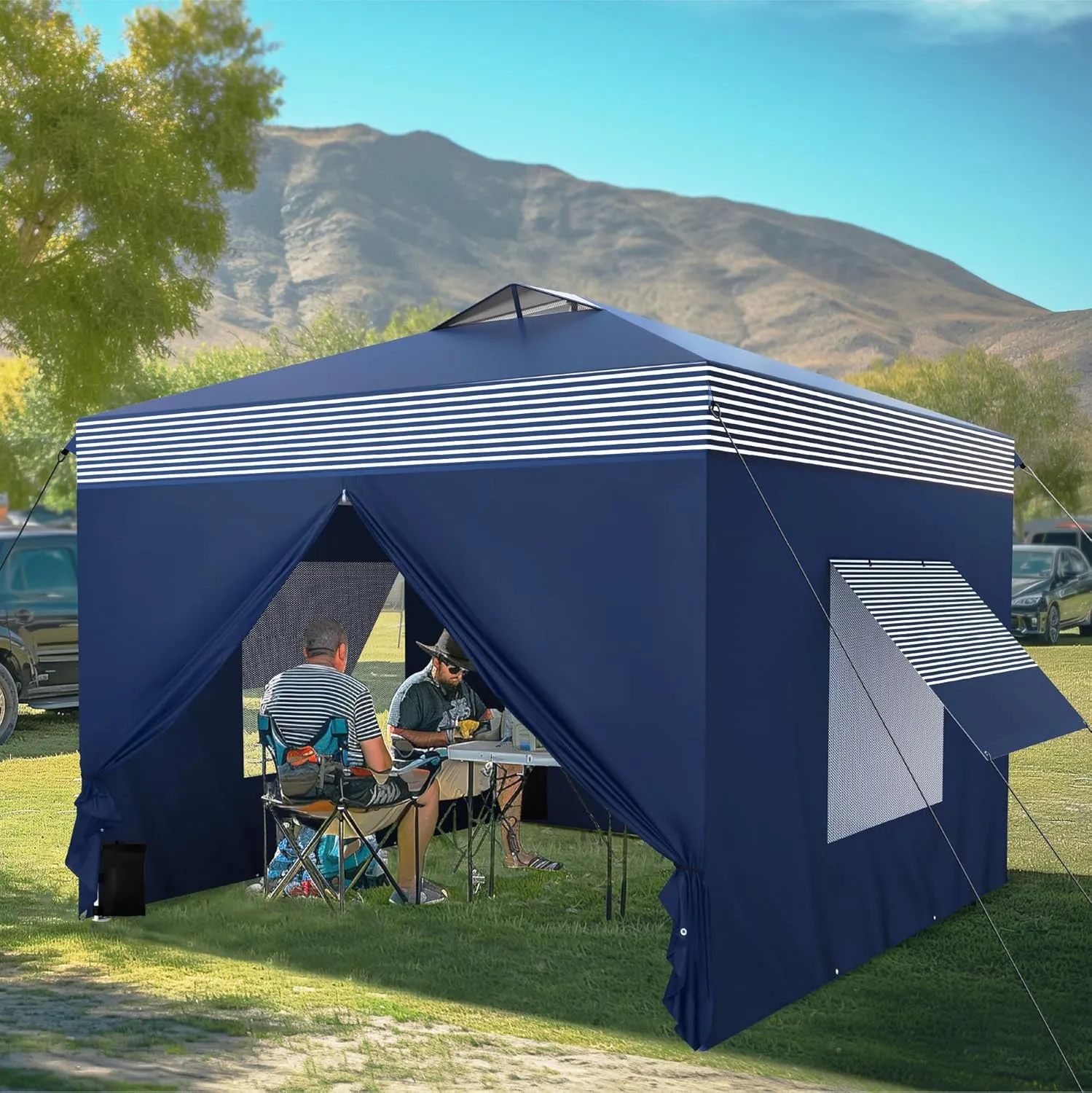 MFSTUDIO 10x10 Pop Up Canopy Tent with Removable Sidewalls, Outdoor Enclosed Instant Portable Shelter with Breathable Mesh Windows, One Person Setup, Blue Stripe