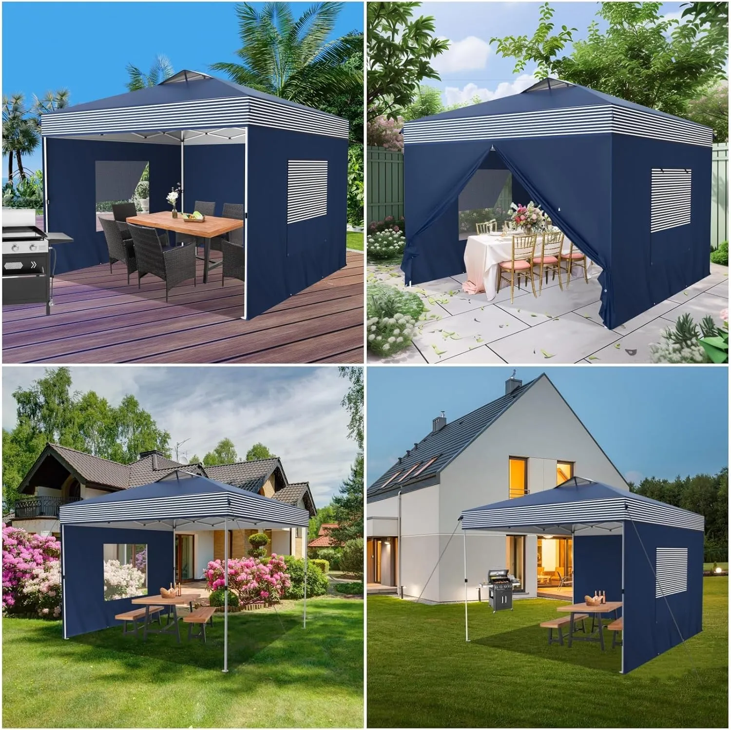 MFSTUDIO 10x10 Pop Up Canopy Tent with Removable Sidewalls, Outdoor Enclosed Instant Portable Shelter with Breathable Mesh Windows, One Person Setup, Blue Stripe