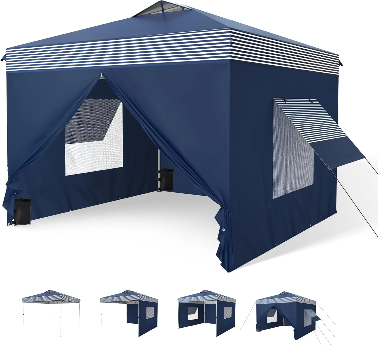 MFSTUDIO 10x10 Pop Up Canopy Tent with Removable Sidewalls, Outdoor Enclosed Instant Portable Shelter with Breathable Mesh Windows, One Person Setup, Blue Stripe