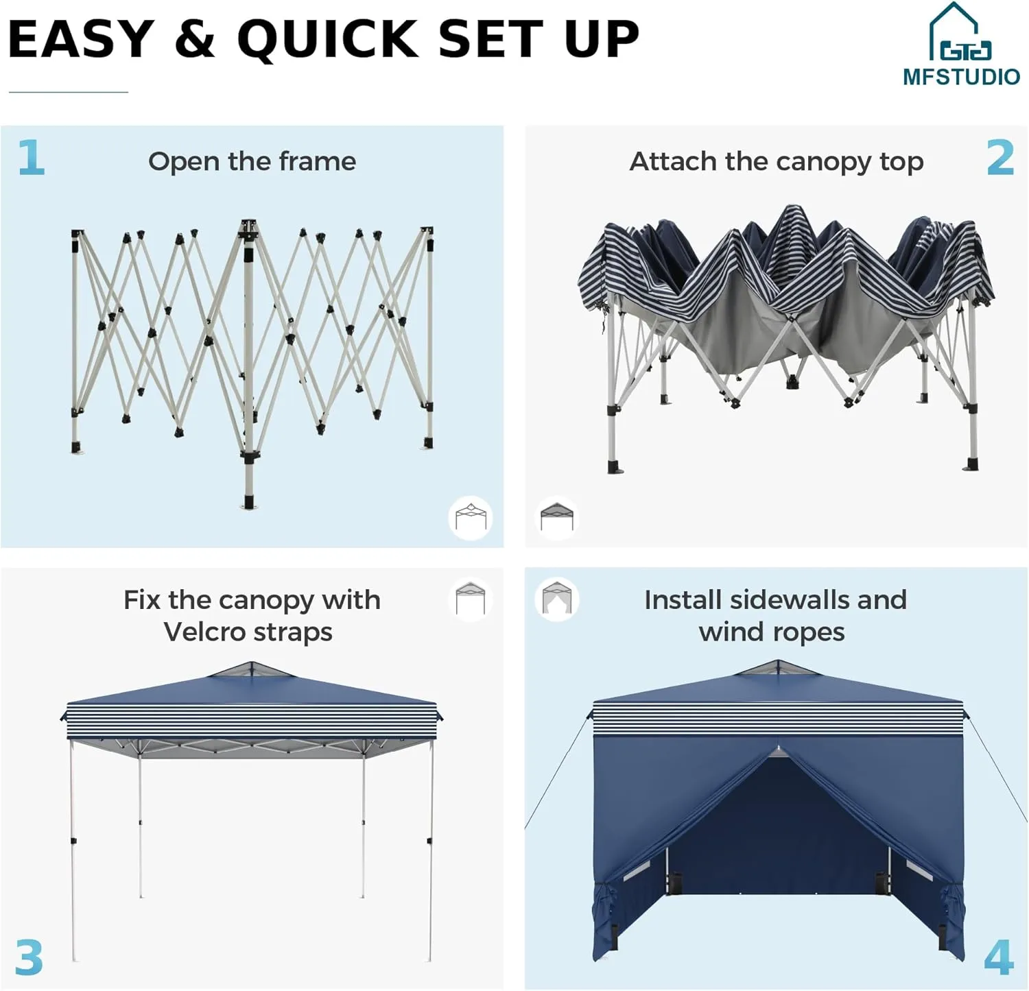 MFSTUDIO 10x10 Pop Up Canopy Tent with Removable Sidewalls, Outdoor Enclosed Instant Portable Shelter with Breathable Mesh Windows, One Person Setup, Blue Stripe