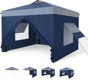 MFSTUDIO 10x10 Pop Up Canopy Tent with Removable Sidewalls, Outdoor Enclosed Instant Portable Shelter with Breathable Mesh Windows, One Person Setup, Blue Stripe