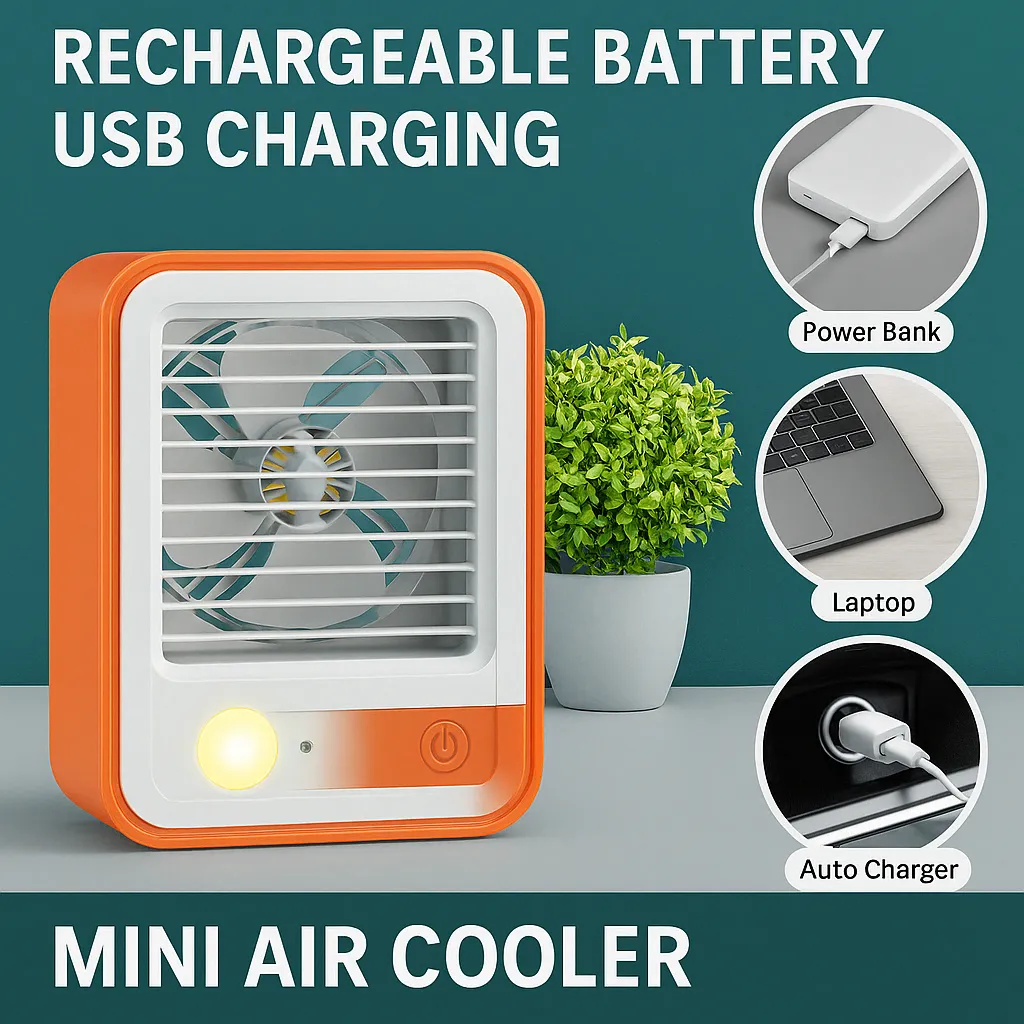 Mini Air Cooler with Rechargeable Battery – Compact Cooling for Summer Heat Relief