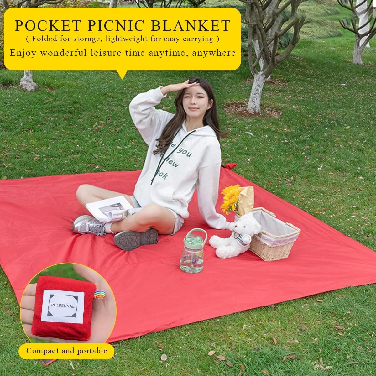 Mini Pocket Picnic Blanket with 4 Fixed Stakes Foldable Portable Picnic Mat Rug Lightweight Waterproof Beach Blanket Multifunctional Thin Ground Sheet for Camping Hiking Travel