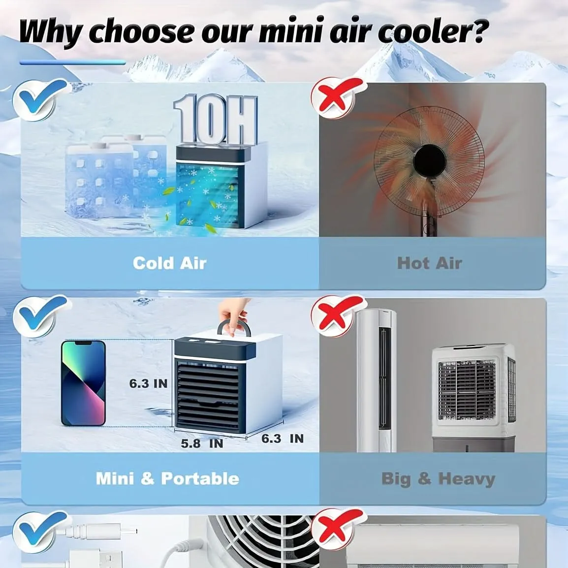 Mini Portable Air Conditioner Fan – USB Powered with 3 Speeds