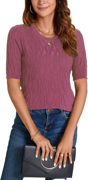 MINTLIMIT Womens Short Sleeve Sweater Summer Pullover Shirt Tops Texture V Neck Casual Knit Tees Tops