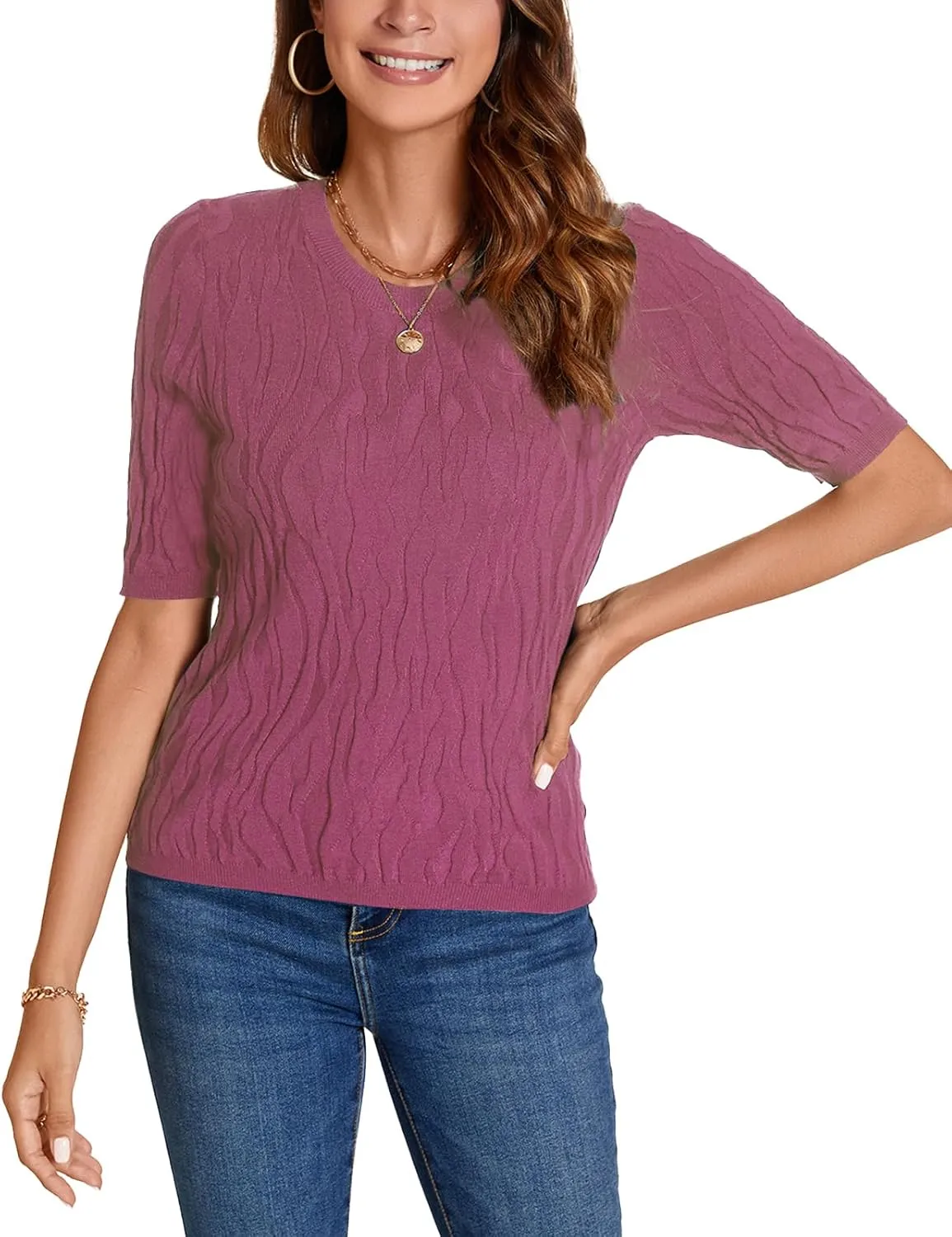 MINTLIMIT Womens Short Sleeve Sweater Summer Pullover Shirt Tops Texture V Neck Casual Knit Tees Tops