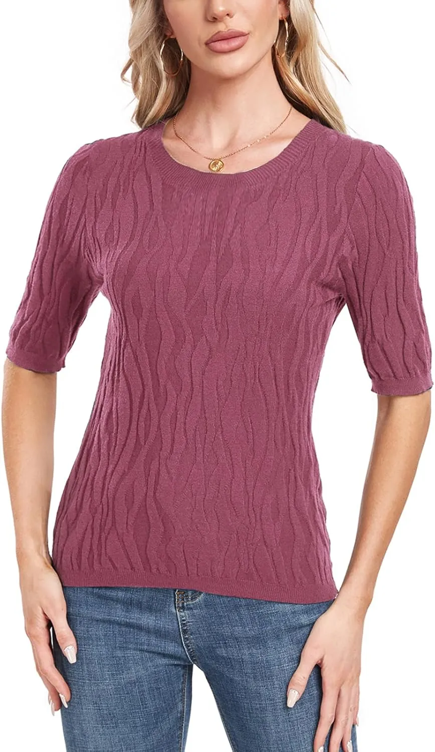 MINTLIMIT Womens Short Sleeve Sweater Summer Pullover Shirt Tops Texture V Neck Casual Knit Tees Tops