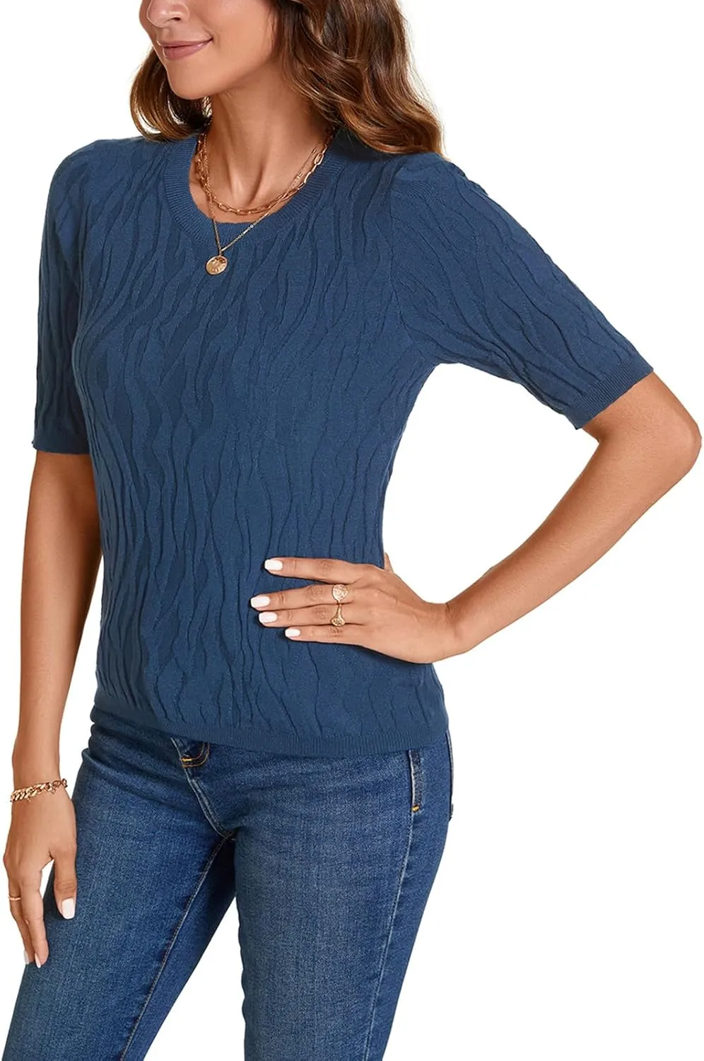 MINTLIMIT Womens Short Sleeve Sweater Summer Pullover Shirt Tops Texture V Neck Casual Knit Tees Tops