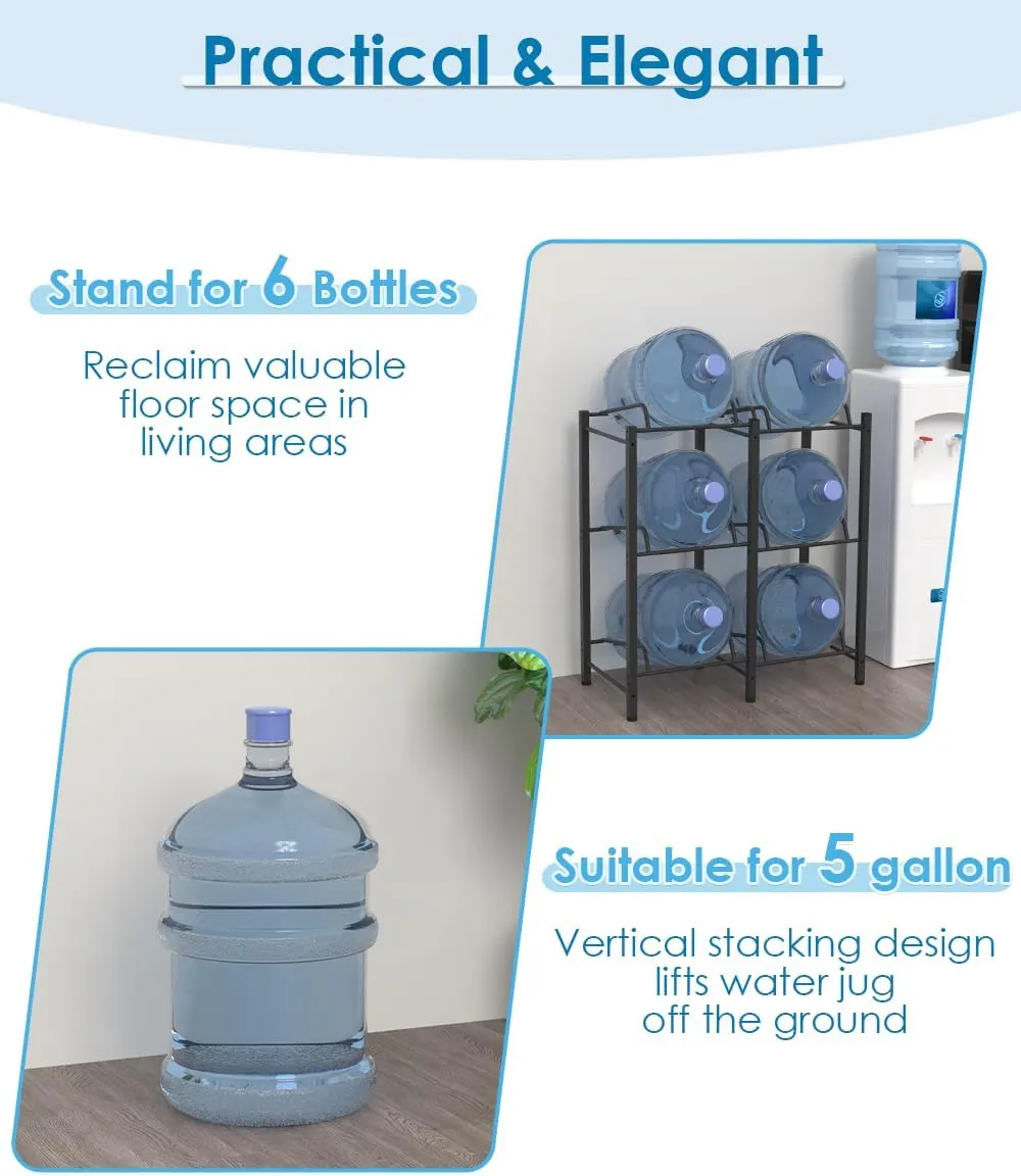 Mocomax 5 Gallon Water Jug Holder, Detachable Water Bottle Holder for 6 Bottles, 3 Tier Heavy Duty Water Jug Stand, Water Dispenser Rack for Home, Gym, Kitchen, Office, Black