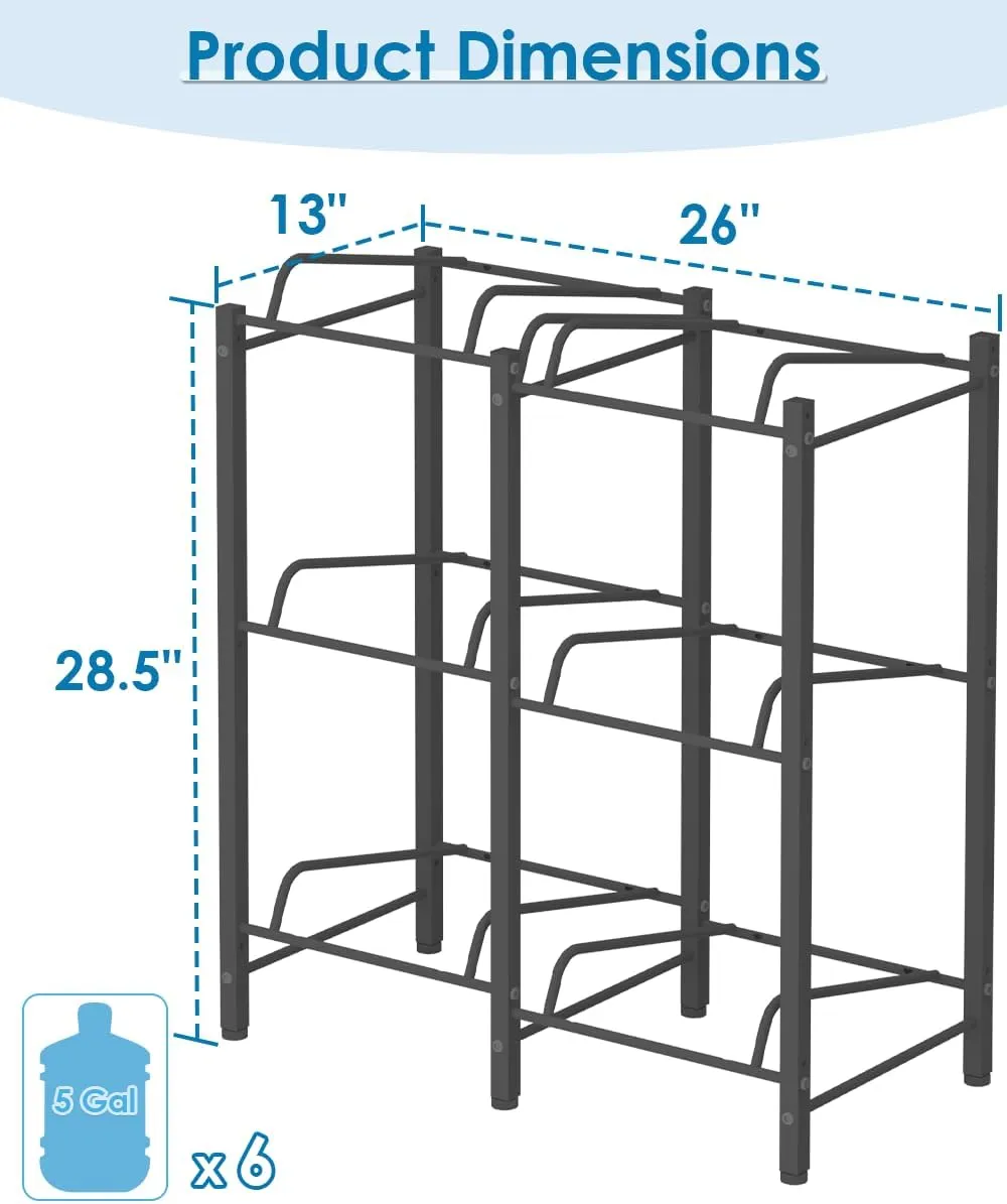 Mocomax 5 Gallon Water Jug Holder, Detachable Water Bottle Holder for 6 Bottles, 3 Tier Heavy Duty Water Jug Stand, Water Dispenser Rack for Home, Gym, Kitchen, Office, Black