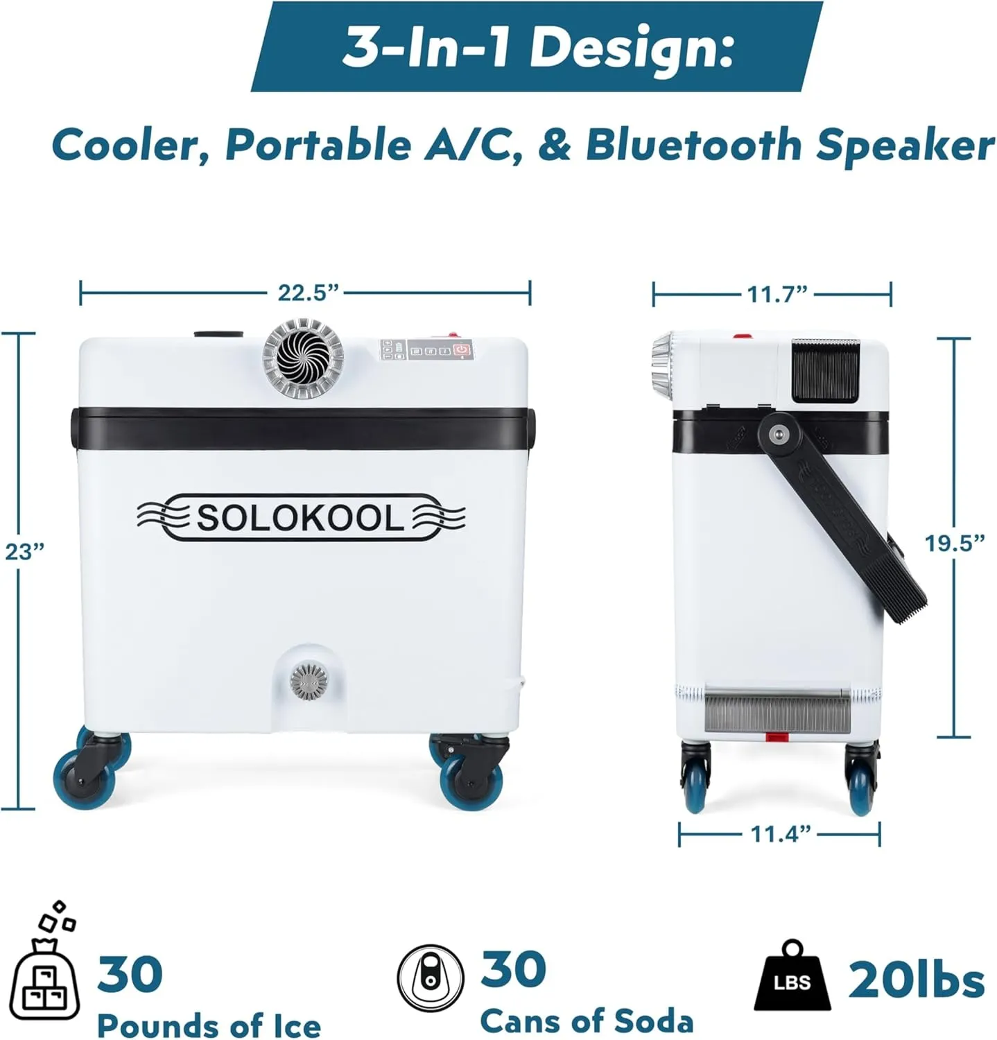 Model V-ibe - Injection Molded Cooler, Portable Air Conditioner, & 35 Watt Bluetooth Speaker, 3-in-1 Design