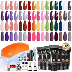 Modelones 133pcs Poly Extension Gel Nail Kit, 32 Colors All Seasons Poly Gel kit with Nail Lamp Slip Solution Builder Thickening Manicure Tools for Starter Salon DIY