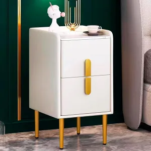 Modern Narrow Nightstand, Slim Skinny Nightstand with 2 Drawers for Bedroom,Small End/Bedside Table, Textured Faux Leather & Marble-Patterned Synthetic Top