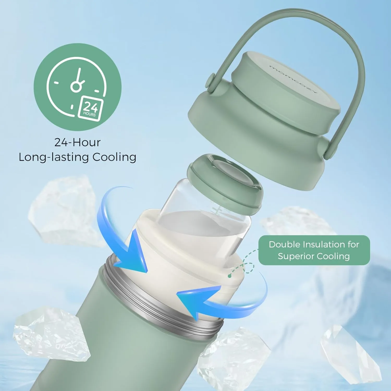 Momcozy 22oz Portable Breast Milk Cooler for Outdoor, Life Saver with 360° Total Cooling for 24 Hours, Larger Capacity Travel Breastmilk Chiller with 2pcs Baby Bottles for Breastmilk Storage, Green