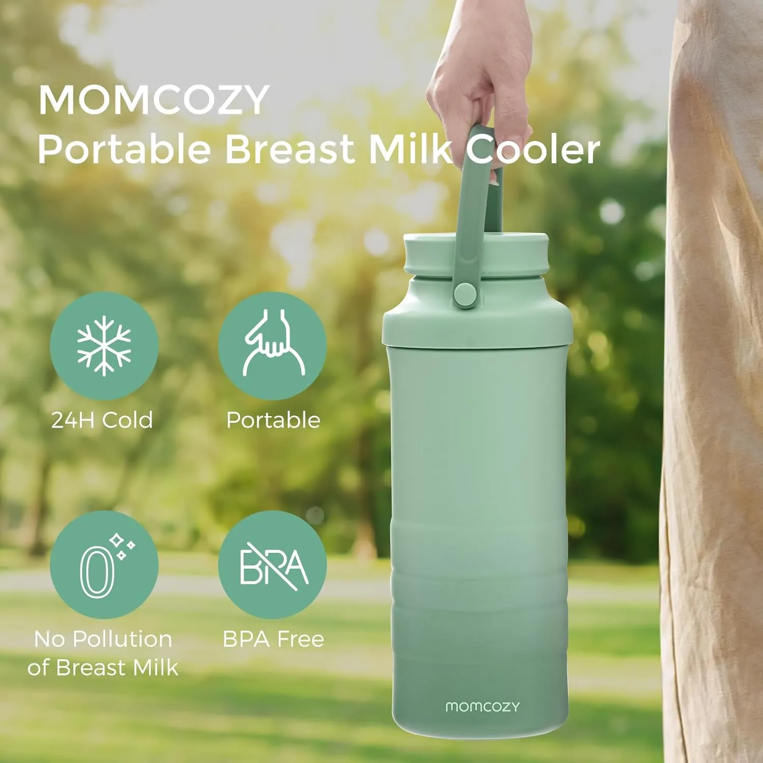 Momcozy 22oz Portable Breast Milk Cooler for Outdoor, Life Saver with 360° Total Cooling for 24 Hours, Larger Capacity Travel Breastmilk Chiller with 2pcs Baby Bottles for Breastmilk Storage, Green