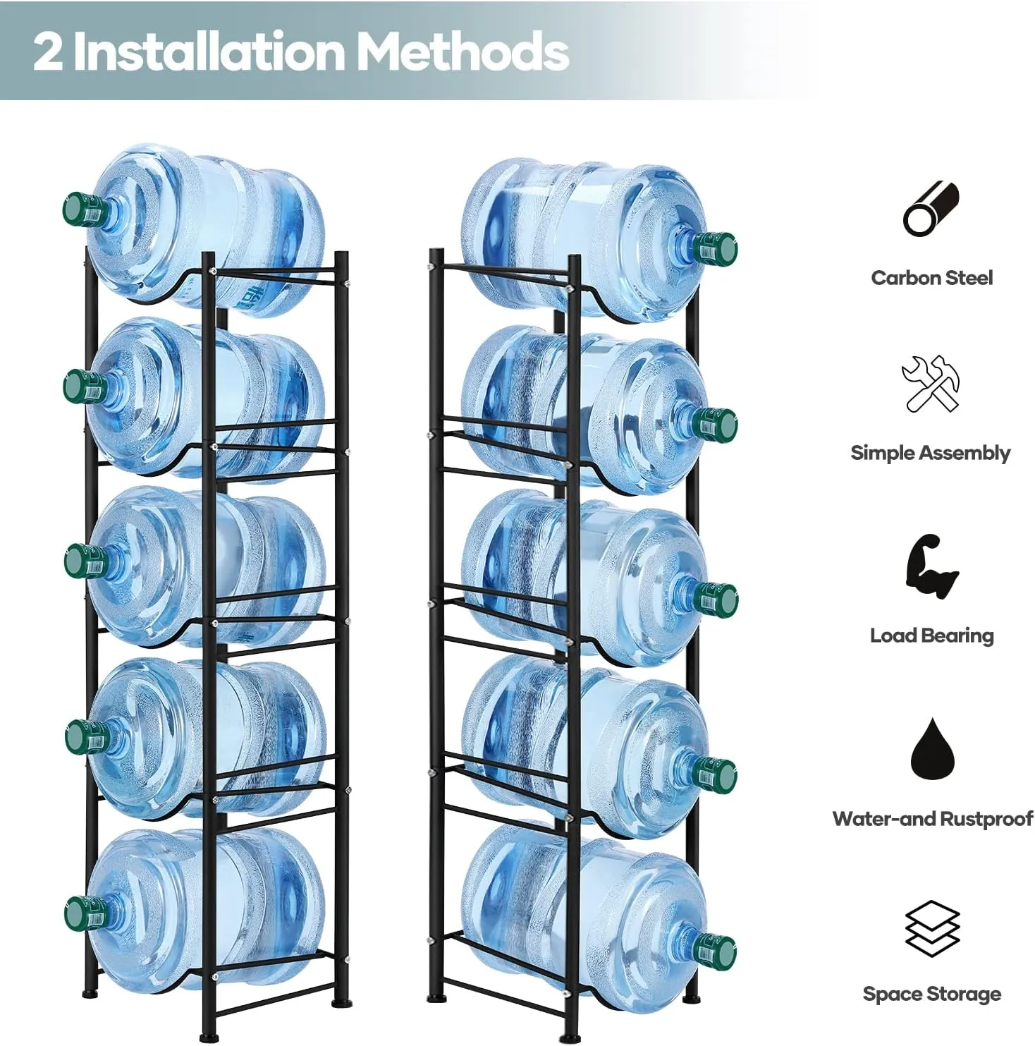 MOOACE 5-Tier Water Jug Rack, 5 Gallon Detachable Water Bottle Holder Organizer Storage Rack, Black