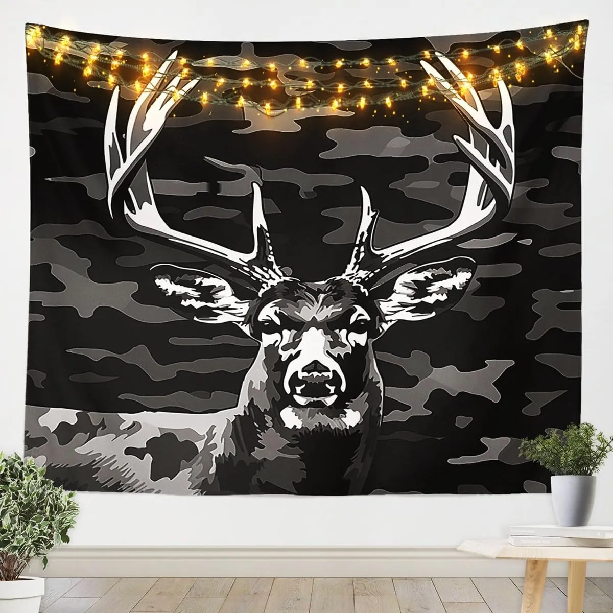 Moose Deer Tapestry 71x92 Black Grey Elk Tapestry for Bedroom,Camo Geometric Stripe Wall Tapestry Jungle Wildlife Tapestries Aesthetic Abstract Art Wall Hanging Farmhouse Lodge Cabin Decor