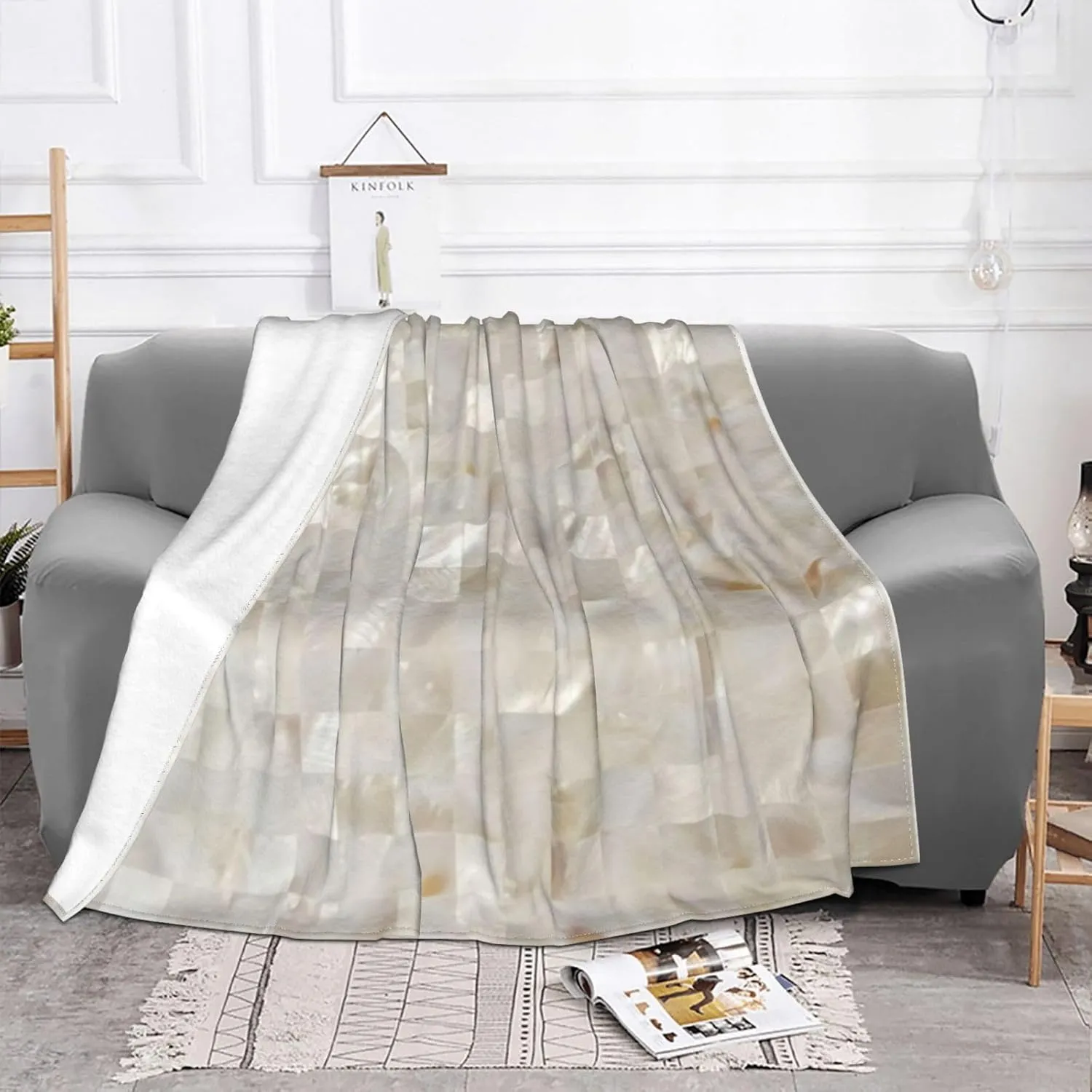 Mother of Pearl, Beige Light 60"X50" Flannel Blanket - 100% Soft Polyester, Lightweight and Warm, Suitable for Families, Camping, Travel