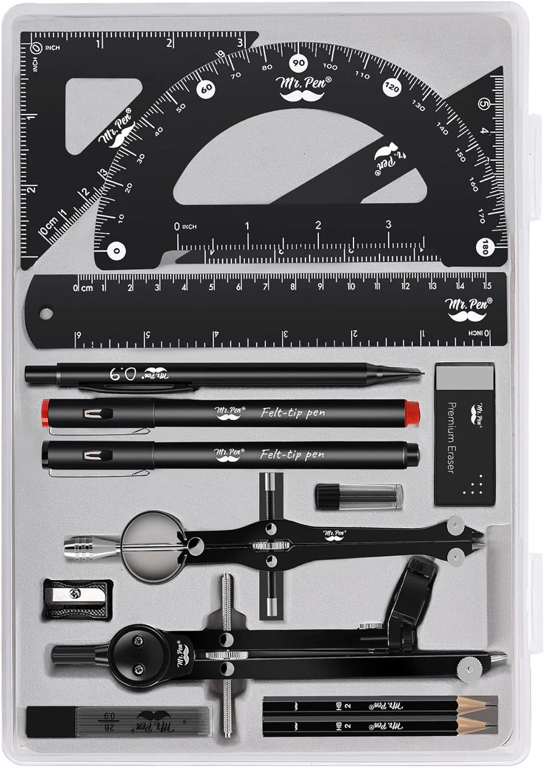 Mr. Pen- Professional Geometry Set, 15pcs, Black Geometry Kit for Artists and Students, Geometry Set, Metal Rulers and Compasses, Drawing Tools, Drafting Supplies, Drafting Set, Drafting Tools and Kit