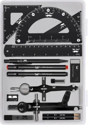 Mr. Pen- Professional Geometry Set, 15pcs, Black Geometry Kit for Artists and Students, Geometry Set, Metal Rulers and Compasses, Drawing Tools, Drafting Supplies, Drafting Set, Drafting Tools and Kit