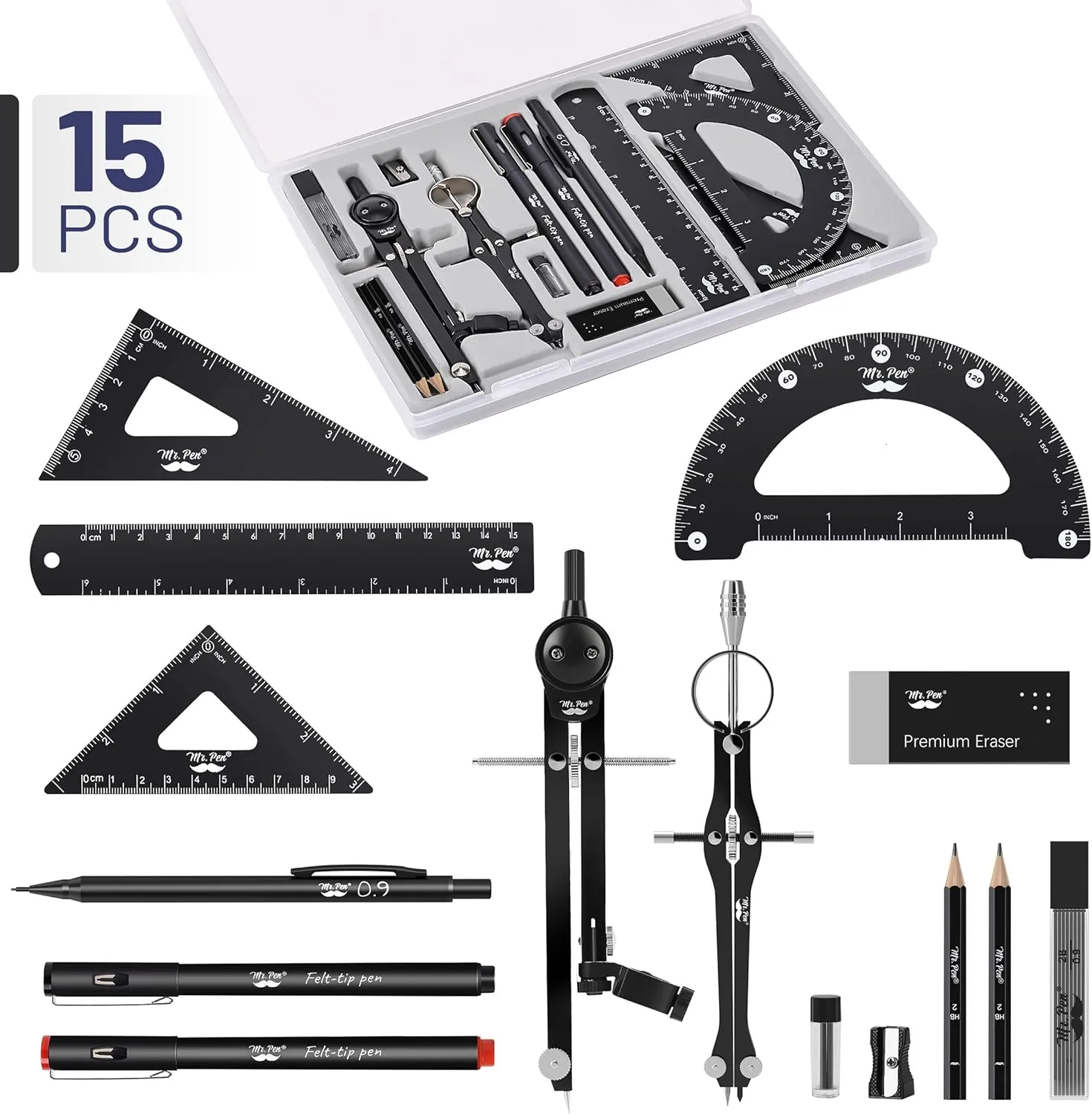 Mr. Pen- Professional Geometry Set, 15pcs, Black Geometry Kit for Artists and Students, Geometry Set, Metal Rulers and Compasses, Drawing Tools, Drafting Supplies, Drafting Set, Drafting Tools and Kit