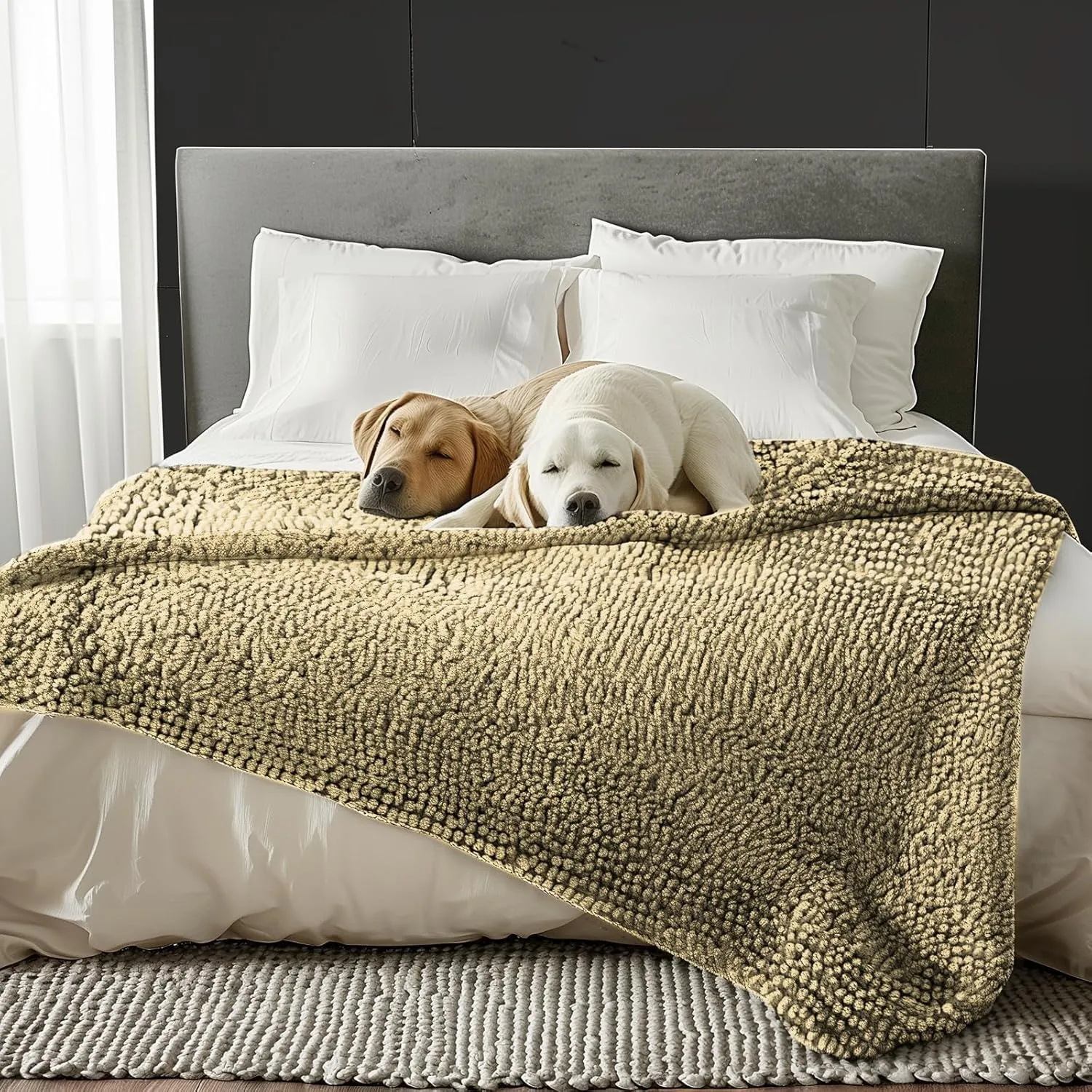 Muddy Mat® Dog Blanket - Chenille Water Absorption Blanket for Bed & Couch Cover for Dogs Washable, Anti-Slip Soft and Durable Furniture Protector for Dogs - Beige 29"x40"
