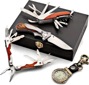 Multitool Gift Pocket Knife for Men Tool Set - 5-Piece Kit with Multi Tool, 2 Pocket Knives, Belt Watch, and Wood Case - Everyday Carry EDC Multitool Knife Camping Gifts for Men by Kings County Tools