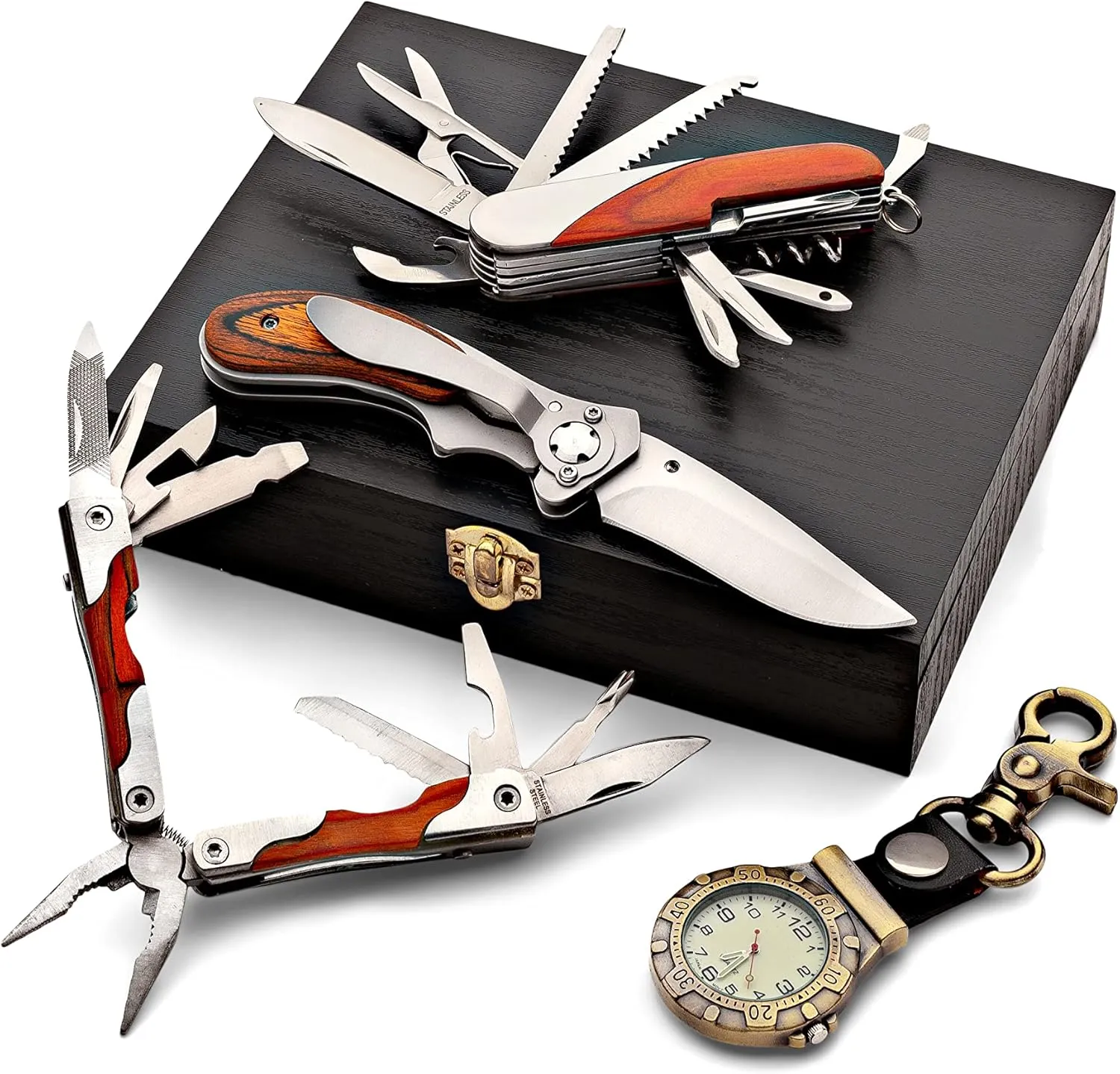 Multitool Gift Pocket Knife for Men Tool Set - 5-Piece Kit with Multi Tool, 2 Pocket Knives, Belt Watch, and Wood Case - Everyday Carry EDC Multitool Knife Camping Gifts for Men by Kings County Tools