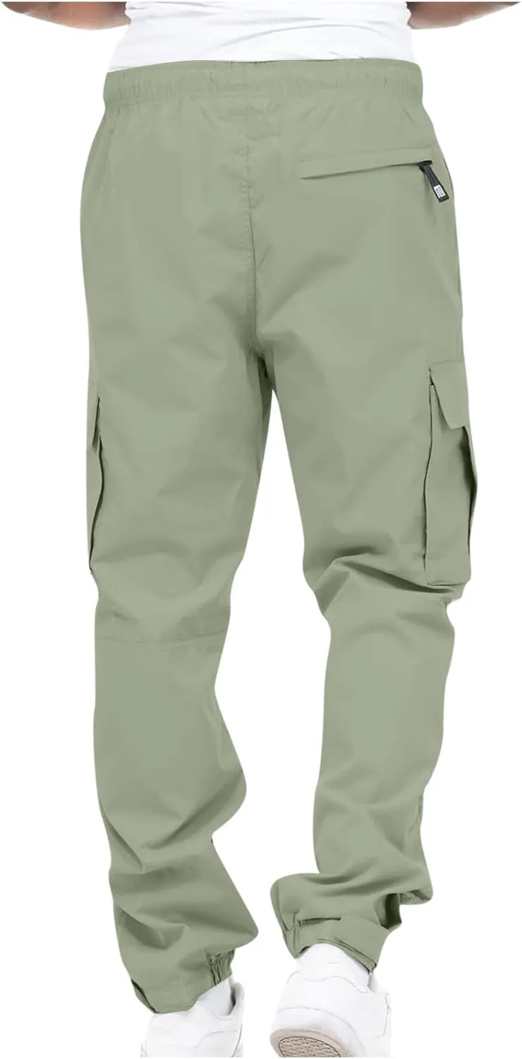 Muscularfit Cotton Pants for Men 2024 Fall Fashion Stretch Waist Multi Pockets Cargo Pants Causal Solid Athletic Sweatpants