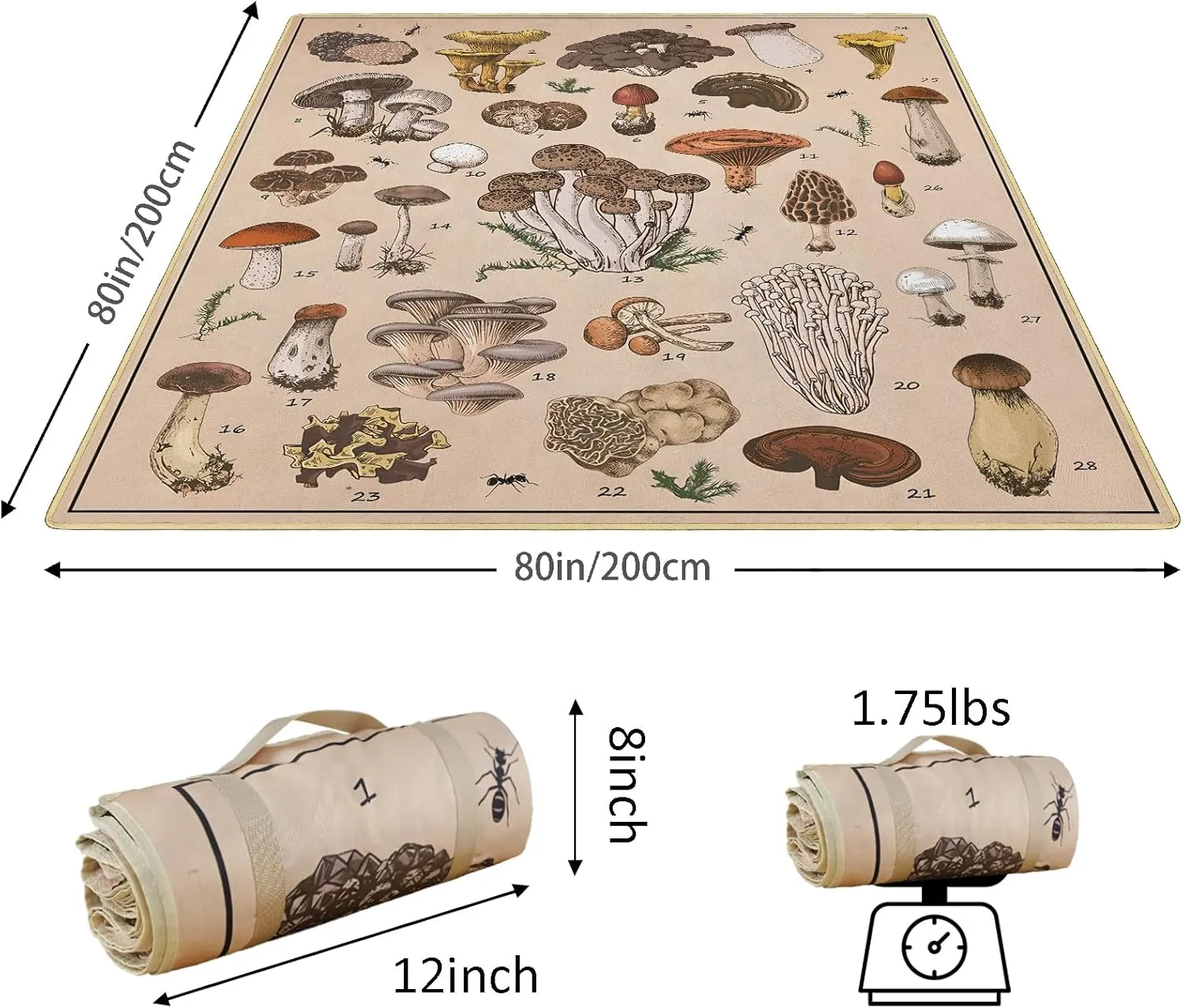Mushroom Picnic Blankets Waterproof Foldable Picnic Outdoor Blanket 80"x 80" Picnic Mat 3-Layer Thicking Outdoor Foldable Blankets Sandproof Lightweight Beach Blankets with Strap Machine Washable
